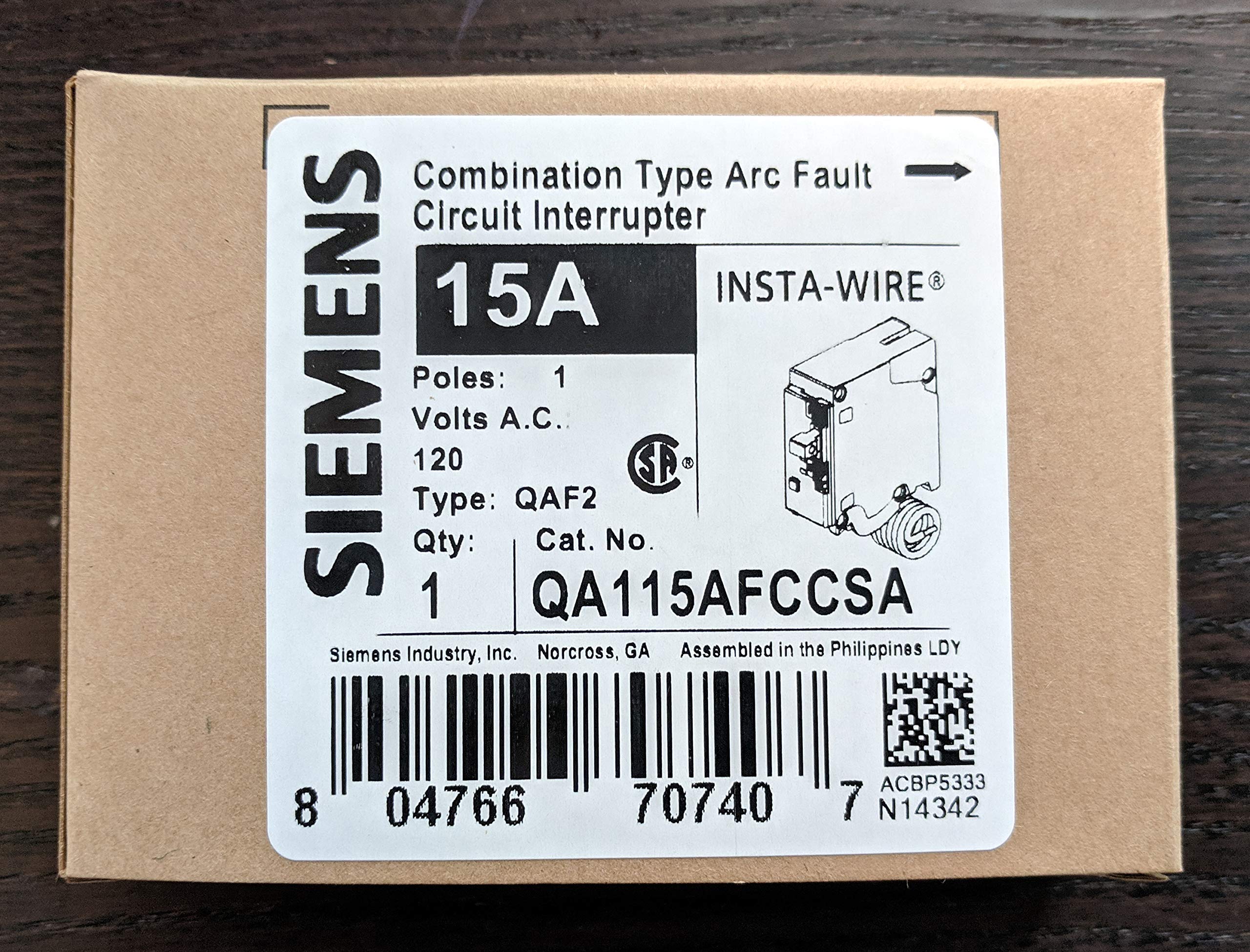 Siemens QA115AFCCSA 15-Amp Single Pole Arc Fault AFCI Breaker